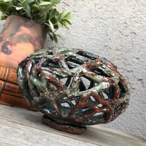 Vintage Signed Pottery Candle Holder / Tealight/Votive Holder- Hand Made Bowl with Birds Nest Style Cut Outs -Green and Brown -Boho/Eclectic