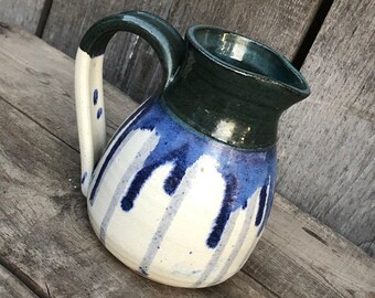 Hand Thrown Stoneware Drip Glaze Pitcher/Jug/Vase -Pottery Marked Keenan- Green /Blue /Off White - Rustic /Boho /Farm House / Eclectic Decor