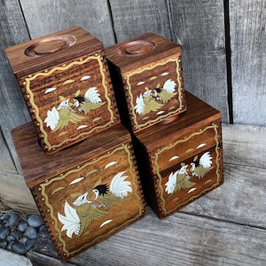 MCM 1950s Wooden Canister Nesting Set - Himark - Dovetail - Gold Silver-4 Vintage Storage Boxes - Kitchen Canisters - Rooster / Bird Pattern