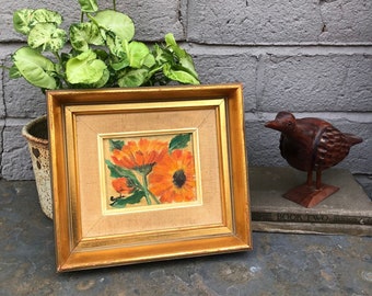 Original Framed Floral Painting / Wall Art / Wall Hanging - Signed  - Orange Flowers - Shabby Chic / Cottage Chic Wall Decor