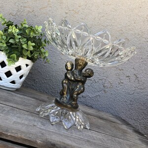 Mid Century Pedestal / Footed Glass Bowl With Brass Cherubs / Putti - Center Piece - Hollywood Regency - Shabby Chic - Eclectic