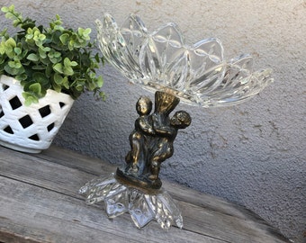 Mid Century Pedestal / Footed Glass Bowl With Brass Cherubs / Putti - Center Piece - Hollywood Regency - Shabby Chic - Eclectic