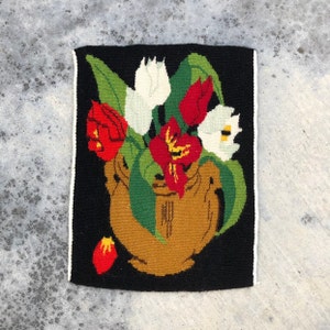 Vintage Woven Scandinavian Decorative Tapestry / Wall Hanging - Flowers / Floral - Swedish Weaving / Hand Made Flemish Technique -Home Decor