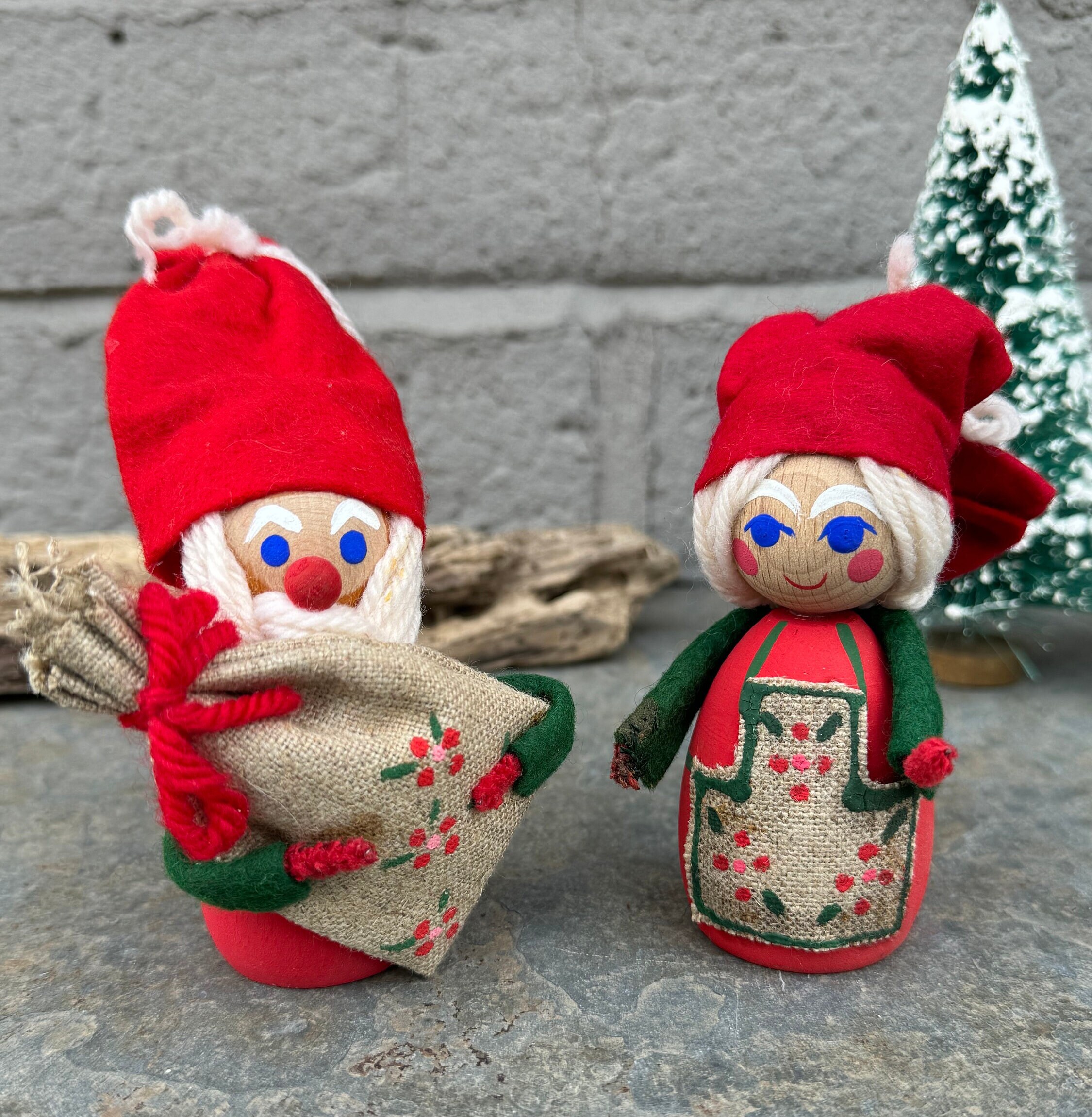 Danish Wooden Hand Made Santa and Mrs Claus / Doll Figurines