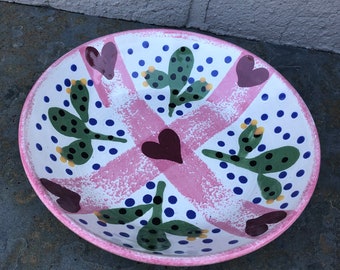 Vintage Studio Pottery Stoneware Bowl - Signed SS - Glazed - Hearts/Polka Dots - Catch All Dish / Trinket Bowl -Boho/Eclectic/Farmhouse