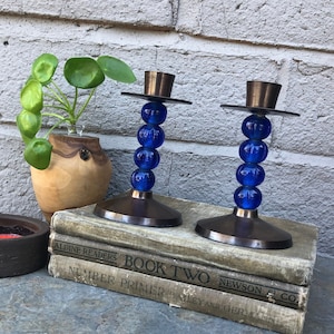 MCM Candlesticks / Candle Holders - Metal (Bronze/Copper colored) and Blue Glass - Swedish? - Mid Century Scandinavian Decor
