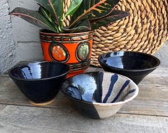 3 Stoneware Bowls - Hand Made Pottery - Glazed - Blue / Off White - Catch All Dishes - Trinket / Snack Bowls - Boho/Eclectic/Farmhouse