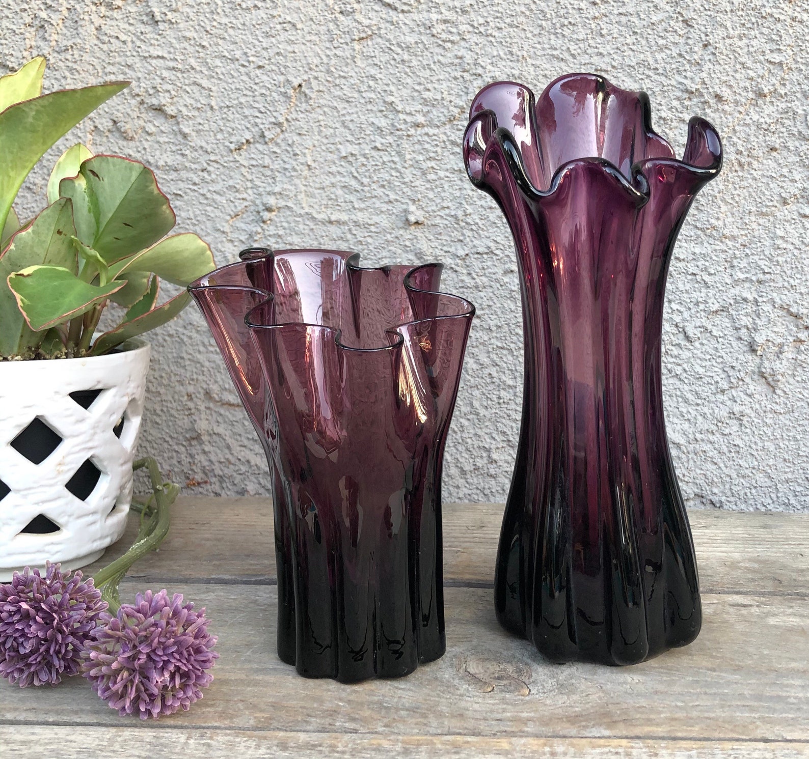 Vintage Amethyst / Purple Glass Swung / Ribbed / Ruffled / Etsy