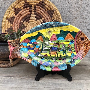 Hand Painted Mexican Pottery Wall Plate/Tray-Colorful Wall Art/Decor-By Jesus Roman Diego, Xalitla Guerrero Mexico-Signed-Boho/Whimsical