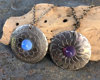 TIN DANMARK - Danish Vintage Pewter and Blue + Purple Glass Stone Pendant Necklace -Boho / Mid Century Modern Scandinavian Jewelry-Denmark