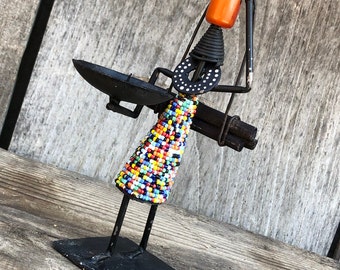 Vintage 60s or 70s Black Iron / Metal Beaded Candle Holder-Votive-African / Tribal / Primitive  Girl / Woman-Danish Modern / MCM /Boho/Retro