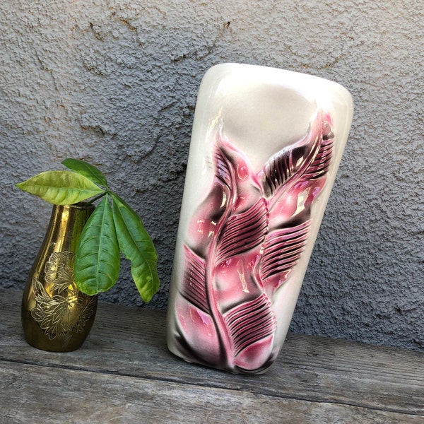 Mid Century Ceramic Royal Copley Vase / Tall Planter - White, Pink, Gray, Black - 3D Feathers / Leaves - Boho / Eclectic