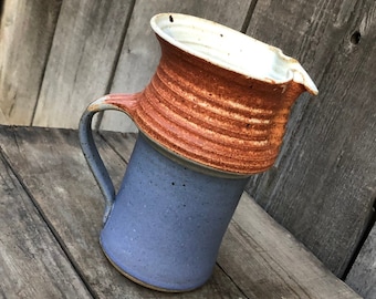 Hand Thrown Matte Stoneware Pitcher / Jug / Vase - Pottery Marked LJS - Blue Orange/Rust - Rustic / Boho / Farm House / Eclectic Decor