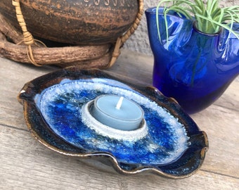 Vintage Glass Infused Stoneware Pottery Candle Holder - Ceramic Tealight/Votive Holder/Plate - Trinket Dish - Light/Cobalt/Dark Blue- Boho