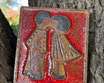 Danish Stoneware Wall Plaque/Wall Hanging-MCM Pottery-Kiss-Kissing Couple/Boy Girl-Soholm, Noomi Backhausen-Stentoj, Bornholm, Denmark