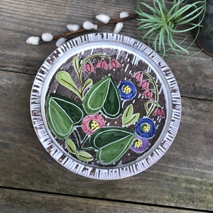 Ceramic Floral Plate /Shallow Bowl/Ashtray by Laholm Keramik, Sweden-Swedish/Scandinavian Pottery-Green/Pink/Blue/Yellow/Brown/White-Flowers