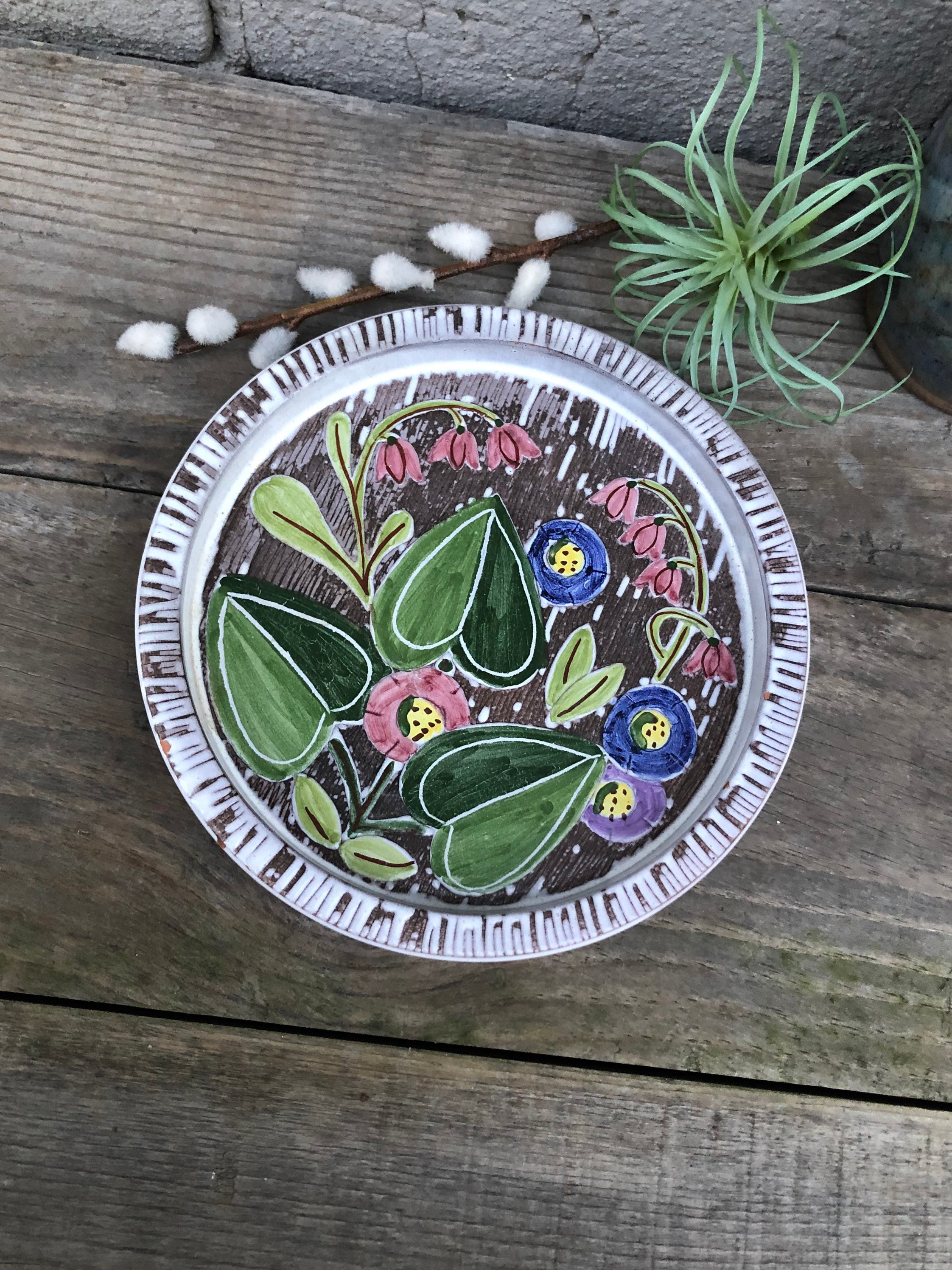 Ceramic Floral Plate /Shallow Bowl/Ashtray by Laholm Keramik, Sweden-Swedish/Scandinavian Pottery-Green/Pink/Blue/Yellow/Brown/White-Flowers
