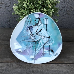 German Decorative Mid Century Triangular Ceramic/Porcelain Plate-Wall Plate-Rosenthal Handmalerei Munchen Germany - A Couple and a Cat - MCM