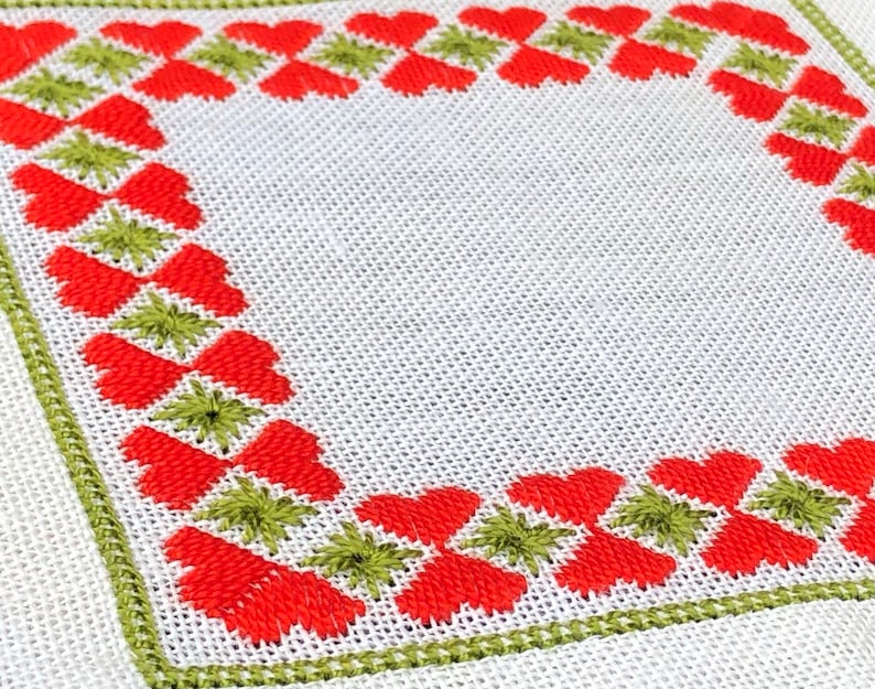 Vintage Swedish Embroidered Table Cloth Hand Made Scandinavian Embroidery Home Decor Red Hearts and Green Stars