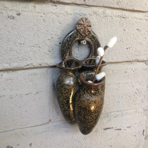 Vintage Foxlo Pottery Ceramic Wall Vase / Wall Pocket / Wall Art Piece - Glazed - Three Openings / Conjoined Jugs - Eclectic / Boho Decor