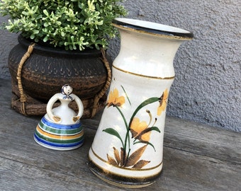 Vintage Stoneware Pottery Vase -Off White/Brown with Hand Painted Yellow and Green Flowers-Ceramic -Farm House/Boho/Shabby Chic/Cottage Chic