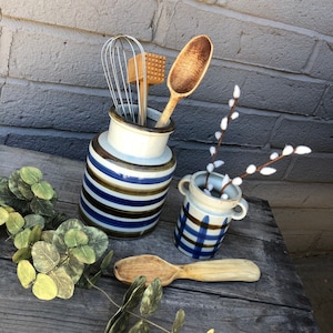Mid Century Stoneware Kitchen Canister/Crock/Utensil Holder and Vase-Japan/UTCTI-Speckled-Blue/Brown/White-Striped/Plaid-Boho/Eclectic