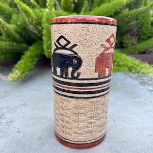 Italian Bitossi Pottery Cylinder Vase ”Wicker” - Brown Black Beige - 60s / MCM / Mid Century Modern -  Italy - Elephants -Stripes