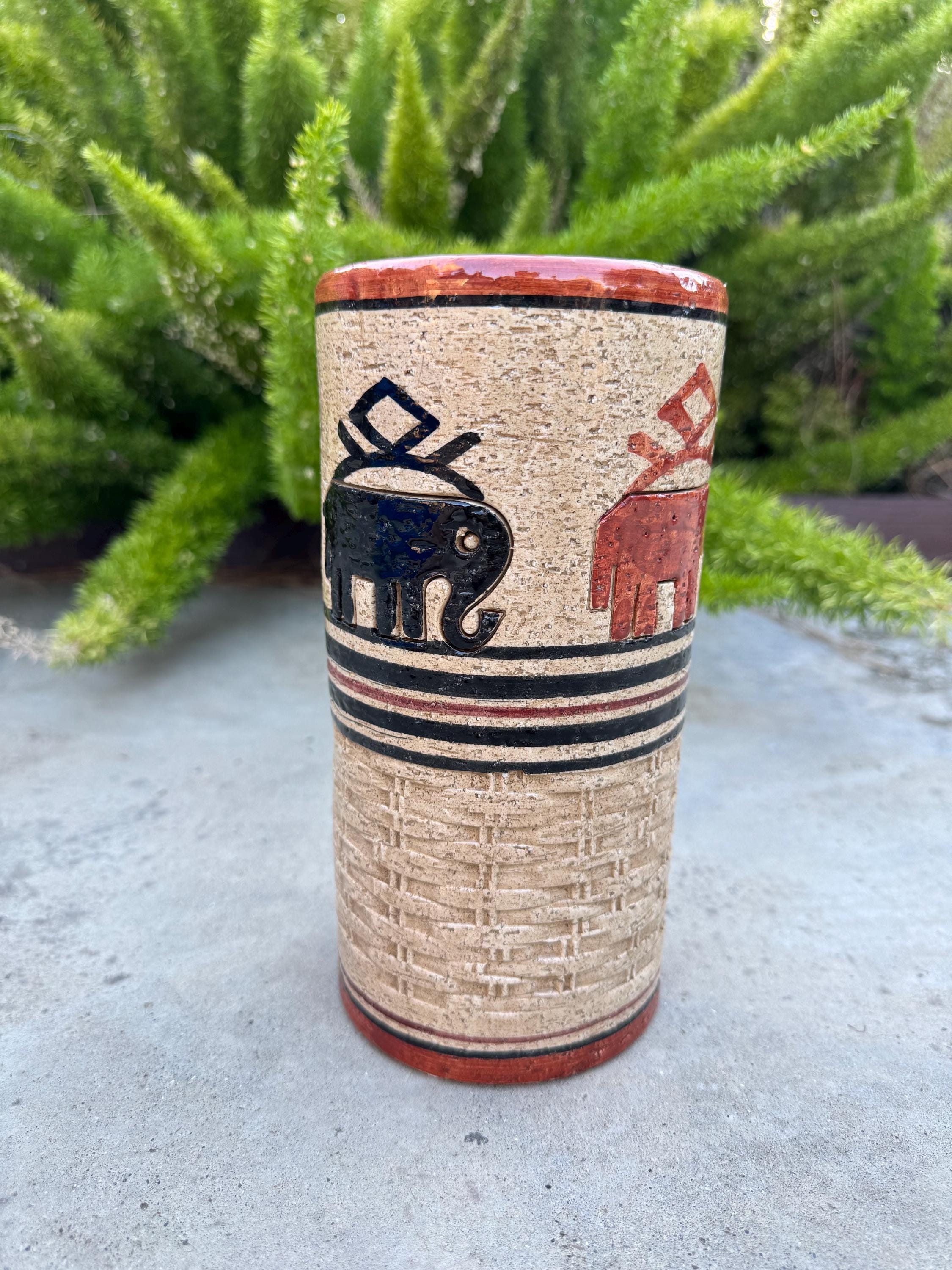 イタリア製ビトッシ陶器製円筒形花瓶「ウィッカー」 - ブラウン