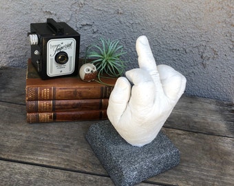 Hand Art Sculpture / Statue -Middle Finger Hand Gesture -Plaster / Cast / Concrete Base - Man Cave/Bar -Comical Gag Gift -Conversation Piece