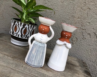 Danois Hand Made Ceramic / Clay Pottery Man and Woman Candlesticks / Candle Holders By Ulla Lønow, Danemark - Boho/Whimsical/Danish Modern