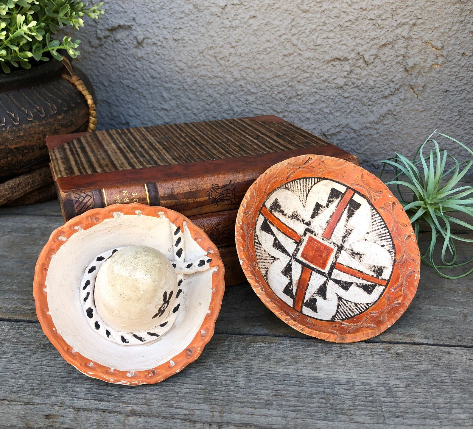 Native American Acoma Clay Pottery Plate / Shallow Bowl /pot + Cowboy ...