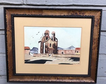 Mid Century Framed Watercolor Painting -South Western /New Mexico /Mexican Adobe Church /Mission-Signed Lorraine P 69-Boho/Eclectic Wall Art