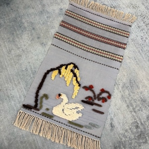 Vintage Woven Scandinavian Decorative Tapestry / Wall Hanging - Swan - Swedish Weaving  / Hand Made Home Decor