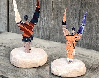 Unique Metal Angel on a Rock Stand - Colored-Two Sided - Modernist /Industrial Sculpture /Figurine -Exclusive Art Piece - Conversation Piece