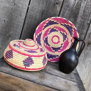 Vintage Large Coil Basket w Lid and Flat Coil Bowl - Hand Woven -Beige Pink Purple - Wall Hanging/Planter-African Style/Tribal/Boho/Bohemian