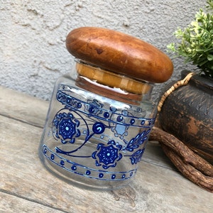 Vintage Glass Apothecary Jar -Bubble Lid Teak Lid - Clear Blue-Baker, Hart & Stuart-Canister/Storage Jar -Cocina/Baño Contenedor/Jar de baratija