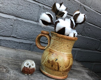 Vintage Signed Stoneware Pottery Vase with Handle - Hand Made Ceramic Jug - Earth Colors - Boho / Eclectic / Farm House / Shabby Chic Decor