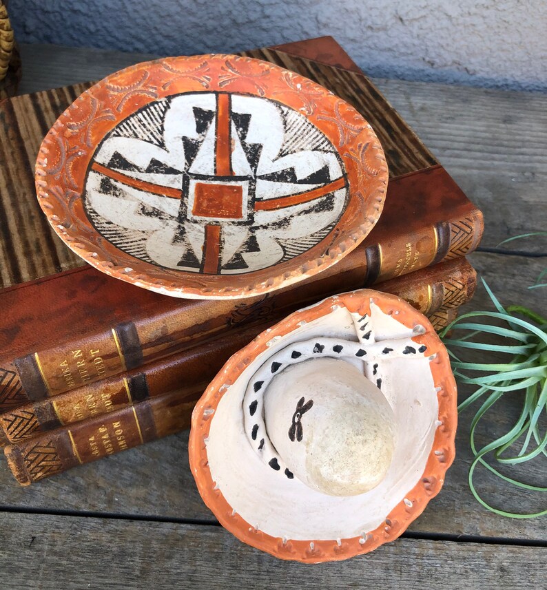 Native American Acoma Clay Pottery Plate / Shallow Bowl /pot + Cowboy ...