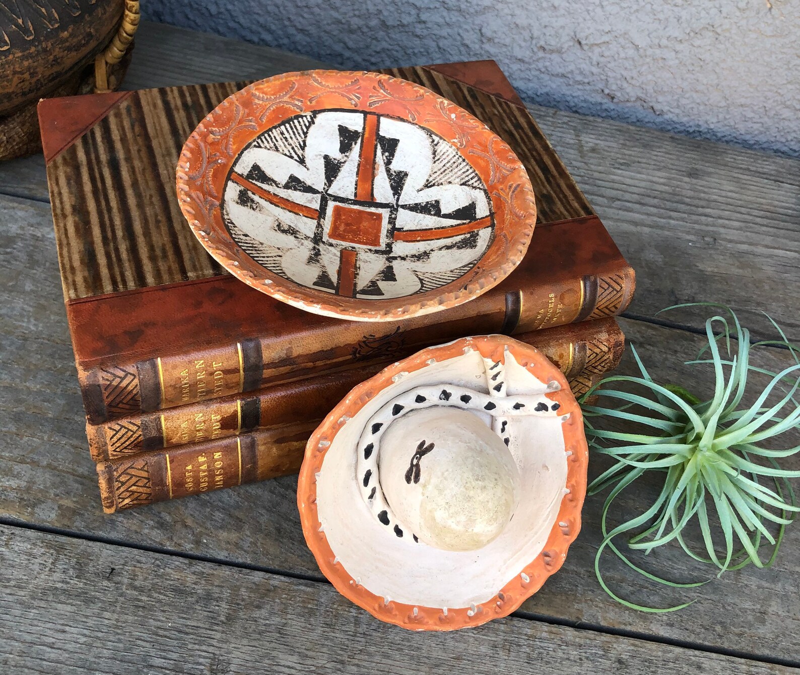 Native American Acoma Clay Pottery Plate / Shallow Bowl /pot + Cowboy ...