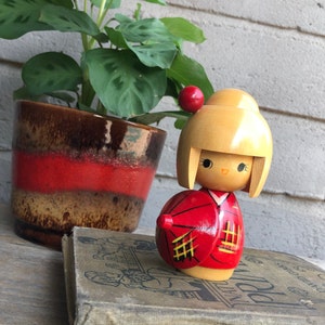 Vintage Kokeshi Doll - Japanese Hand Painted Wooden Girl - Made in Japan -Art Doll-Wood Doll-Red Kimono/Umbrella-Hair Bun-Japanese Folk Art