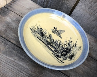 Vintage Hand Thrown Pottery Bowl / Plate Signed G Gould - Marked "Lucky" - Hand Painted Nature and Duck / Bird - Farm House / Eclectic Decor