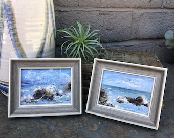 Signed Hays Coast /Ocean Painting /Wall Art /Wall Hanging-Landscape-Rocks-Birds - Beach House Decor- Set of 2