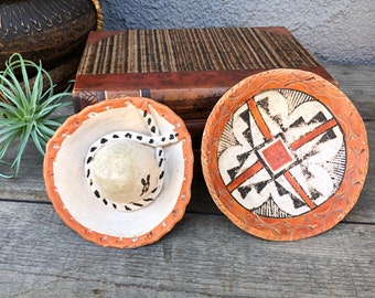 Native American Acoma Clay Pottery Plate / Shallow Bowl /Pot + Cowboy Hat -Marked Indian Hand Made Ceramics-Southwestern/Eclectic/Boho Decor