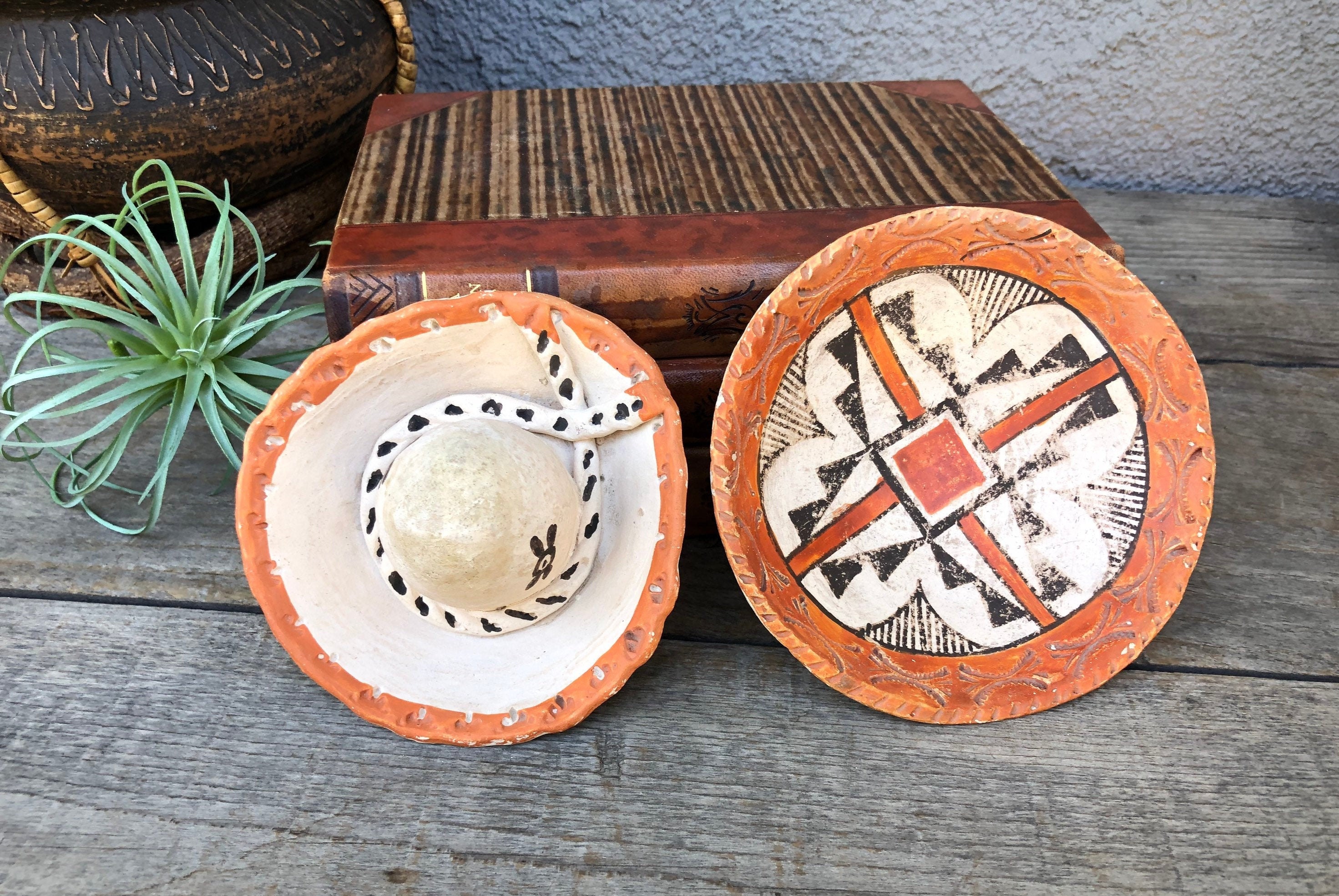 Native American Acoma Clay Pottery Plate / Shallow Bowl /pot + Cowboy ...
