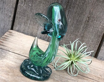 Glass Duck with a Big Beek - Bird / Paperweight / Figurine - Green / Clear - Retro / Vintage - Boho / Shabby Chic