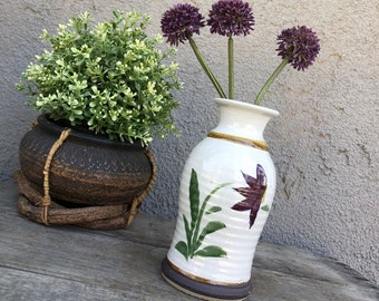 Vintage Stoneware Pottery Vase -Off White/Brown with Hand Painted Purple and Green Flowers-Ceramic -Farm House/Boho/Shabby Chic/Cottage Chic