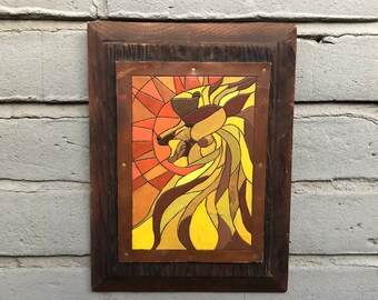 Vintage Lion and Sun Carved Leather / Wood Wall Hanging / Wall Plaque / Wall Art - Vibrant -Yellow Orange Red Brown-Lion Art Work Wall Decor