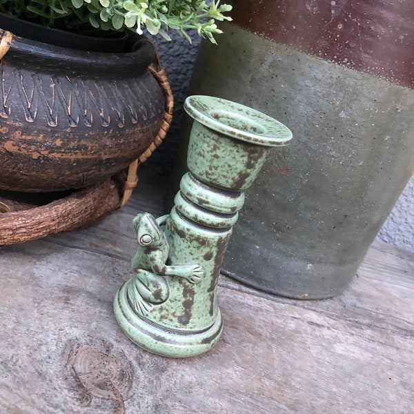 Vintage Ceramic Frog Candlestick / Candle Holder - Green Brown - Speckled - Whimsical/Boho/Eclectic/Farm House/Cottage Chic Home Decor