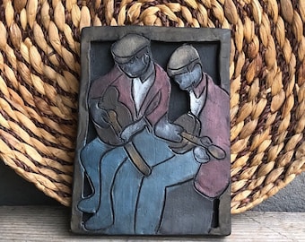 Ceramic or Cast Hand Made 3D Wall Plaque/Wall Hanging / Wall Art / Bookshelf Decor - Two Men Playing the Guitar -Music Themed -Boho/Eclectic
