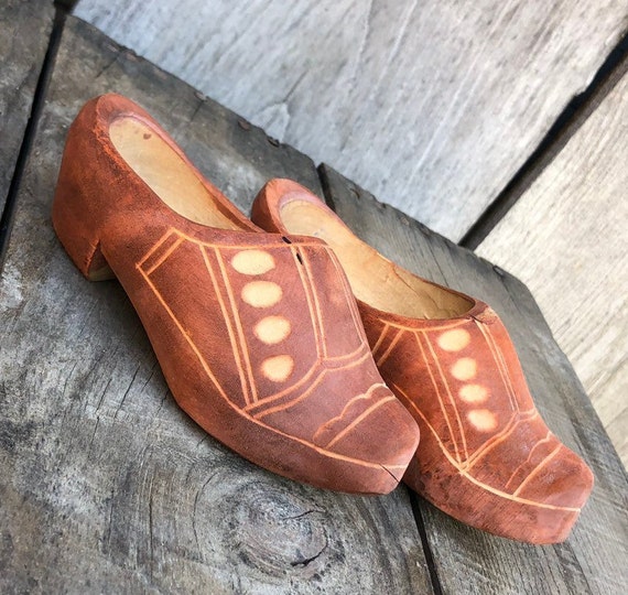 A Pair of Vintage Decorative Wooden Clogs Possibly Dutch German or Scandinavian Boho Rustic Folk Art Etsy